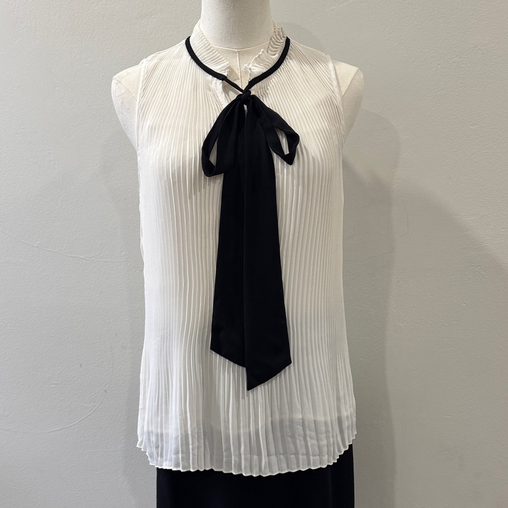 DKNY White Pleated Blouse with Black Bow - Size M
